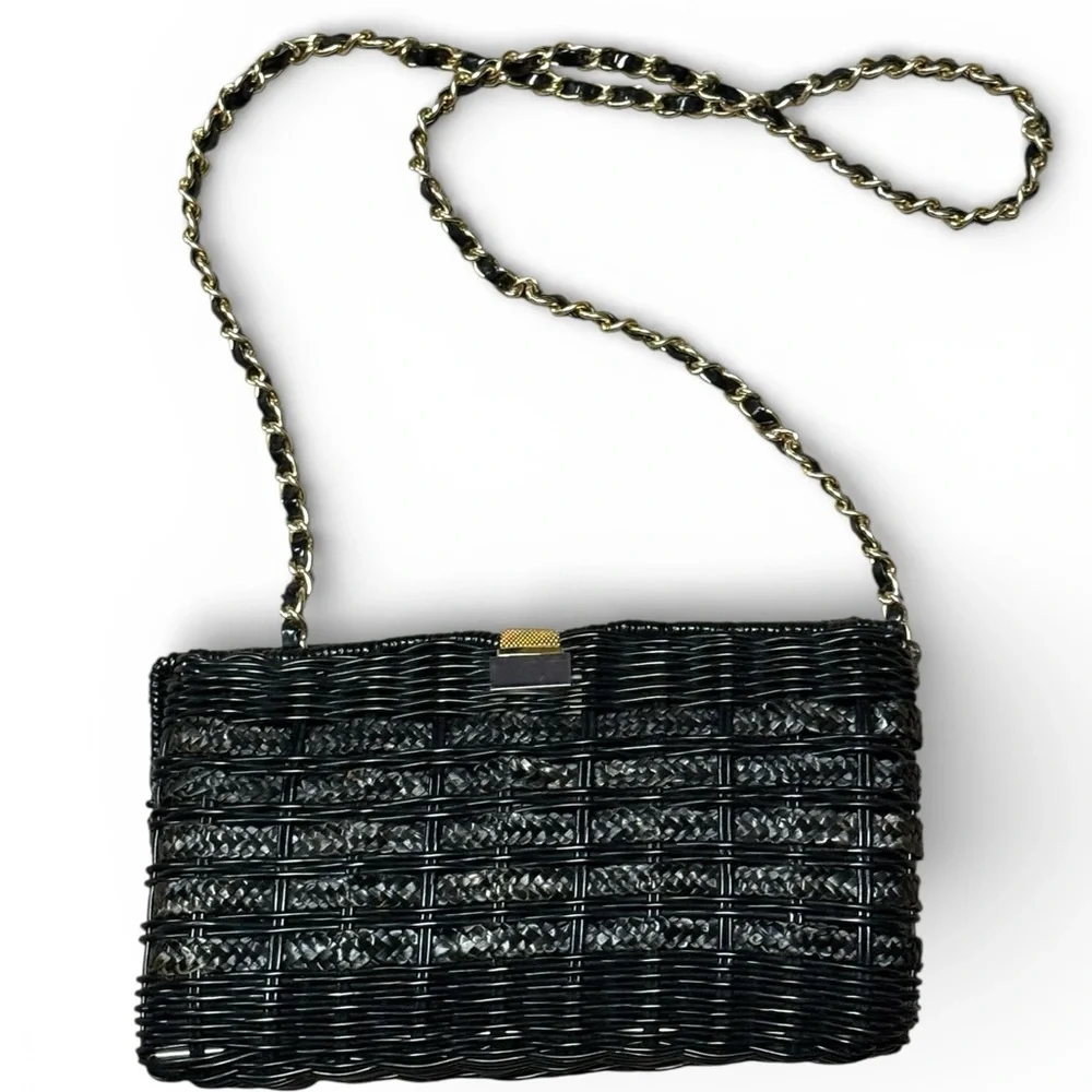Vintage Black Woven Chain Strap Evening Purse Gold Hardware Clutch Crossbody